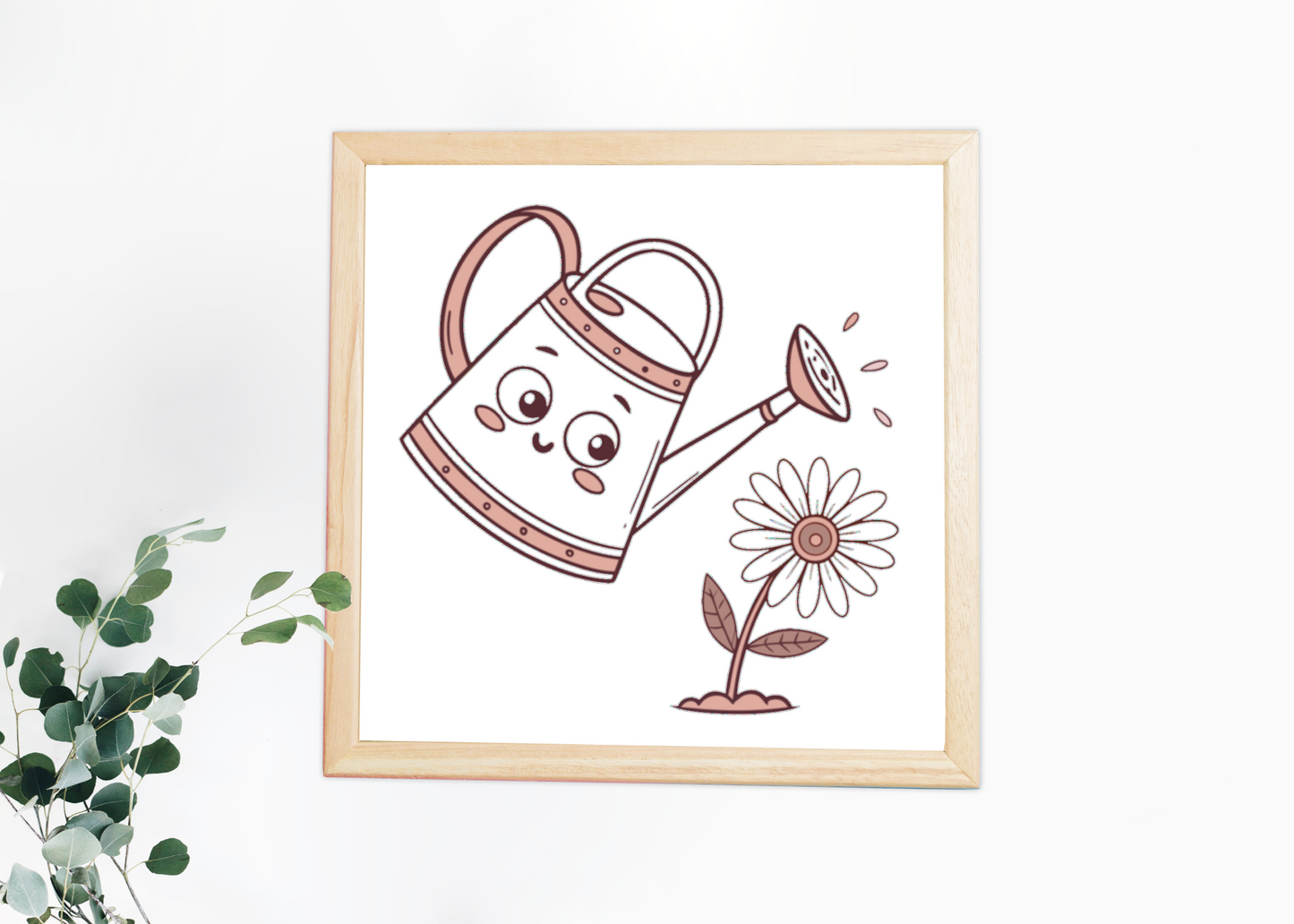 Cadre avec arrosoir kawaii arrosant une fleur pour jardin animé