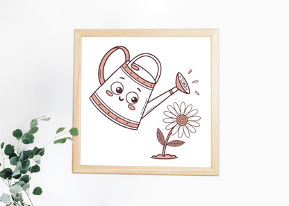 Cadre avec arrosoir kawaii arrosant une fleur pour jardin animé
