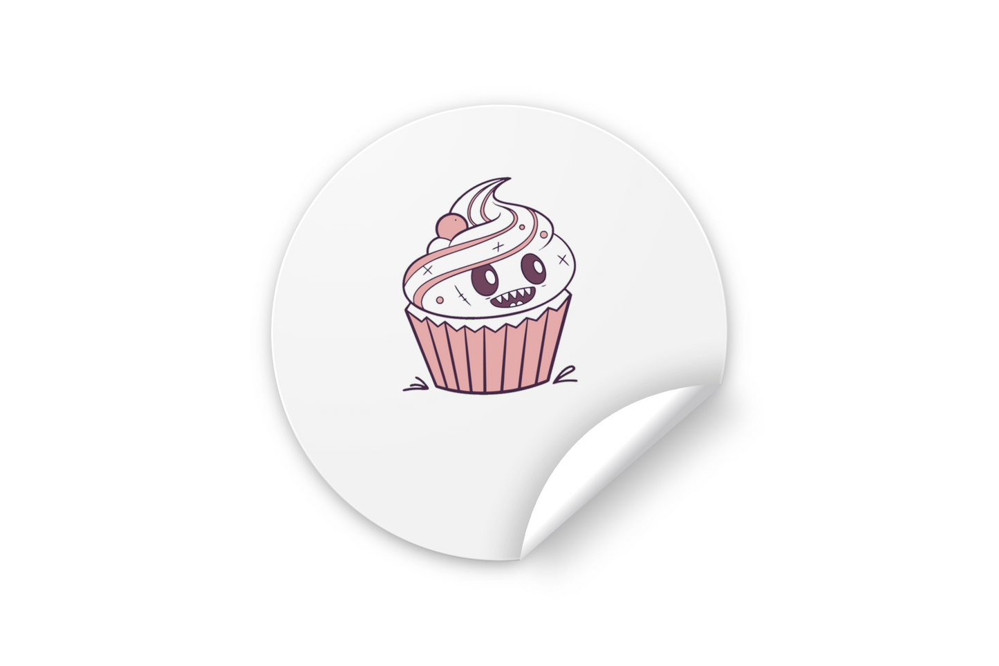 Sticker avec cupcake monstre souriant, design festif et ludique pour amateurs de sucreries