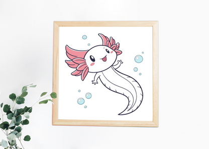 Cadre avec un axolotl kawaii joyeux dans un monde aquatique