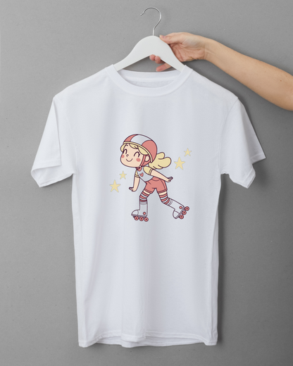 T-shirt avec fillette joyeuse en rollers style minimaliste pour l'été