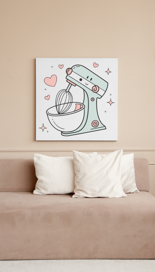 Cadre avec un robot pâtissier joyeux dans un style kawaii pour une déco cuisine douce