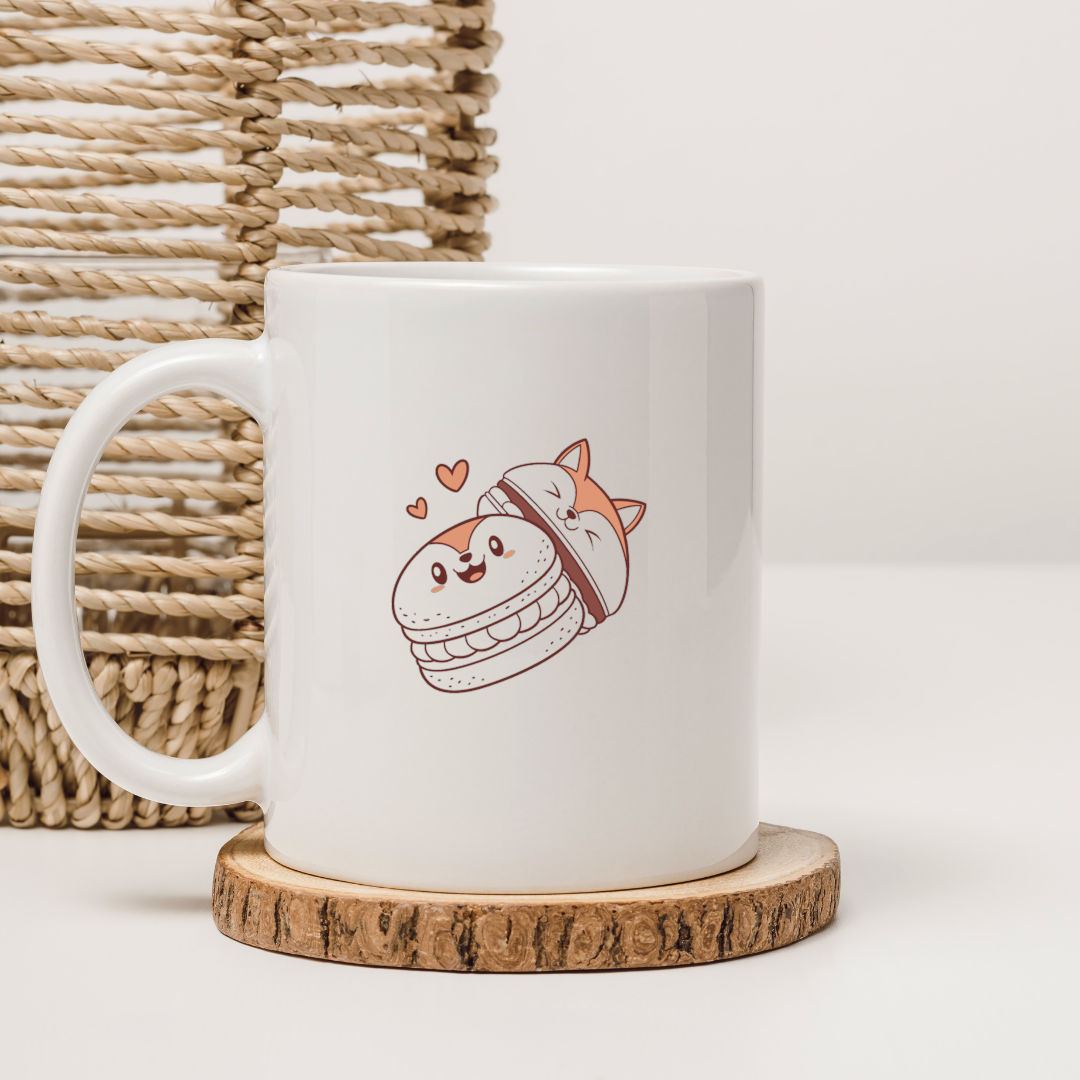 Mug décoré d'un adorable chien kawaii au thème gourmand en scène ludique