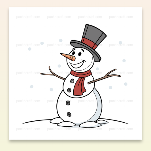 Bonhomme de neige cartoon joyeux avec chapeau et écharpe, fichier SVG pour Noël et déco festive.