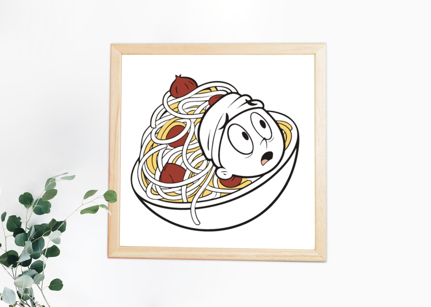 Cadre déco avec un personnage étonné en spaghettis, style doodle, ambiance cuisine