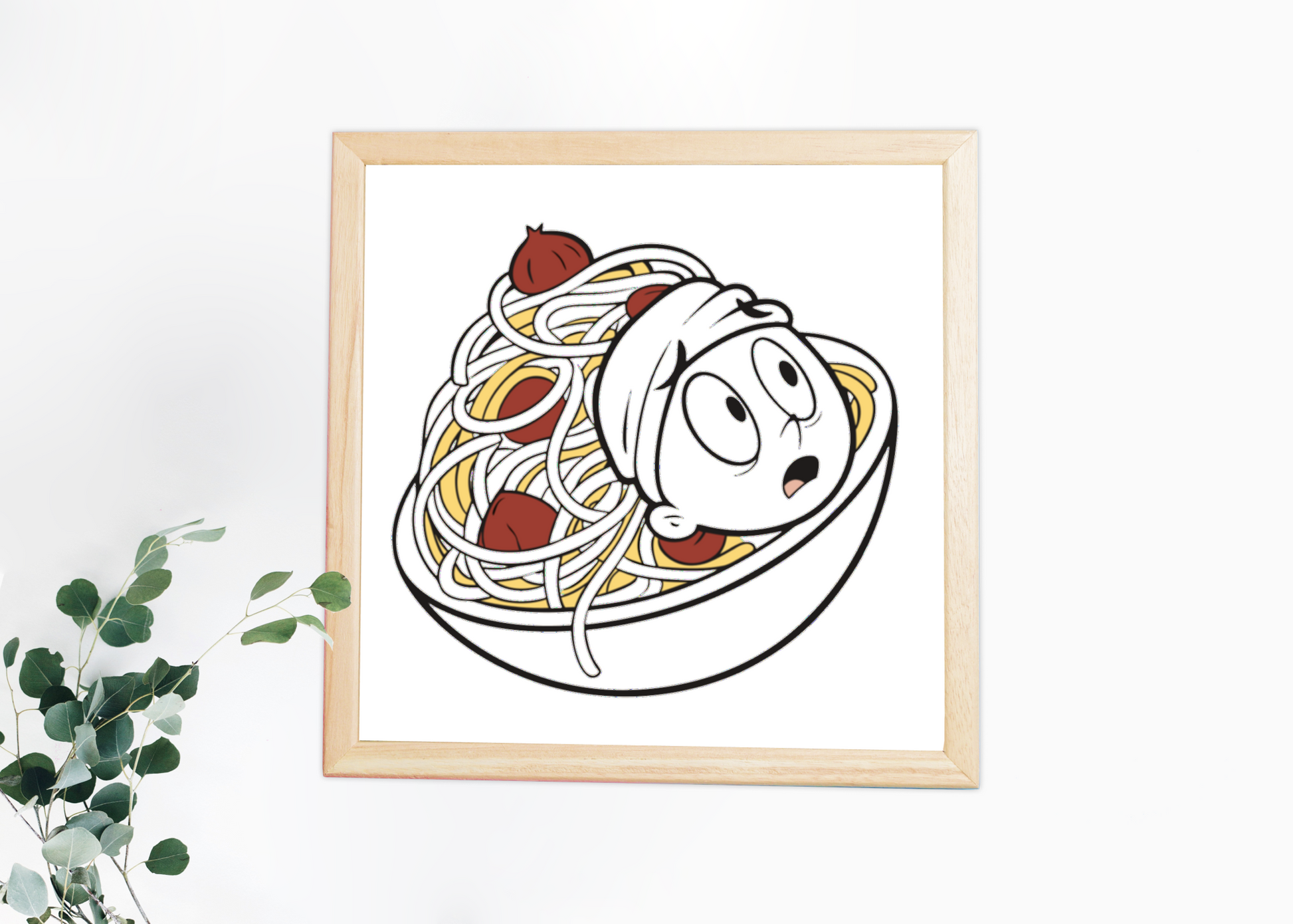 Cadre déco avec un personnage étonné en spaghettis, style doodle, ambiance cuisine