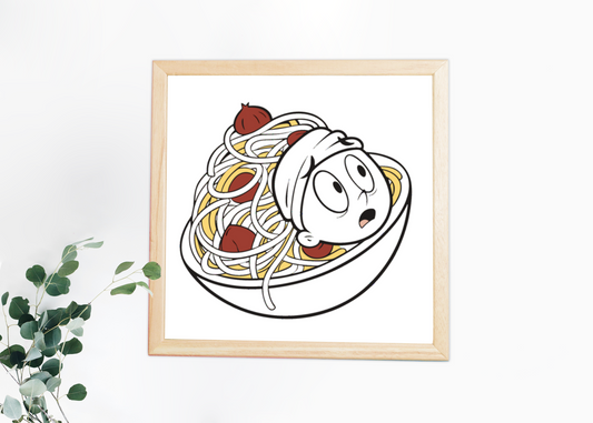 Cadre déco avec un personnage étonné en spaghettis, style doodle, ambiance cuisine