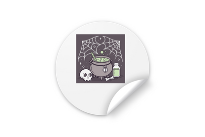 Sticker original avec chaudron magique, style halloween mystérieux et captivant