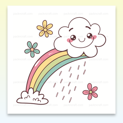 Illustration kawaii d'un nuage souriant avec arc-en-ciel, style vectoriel.