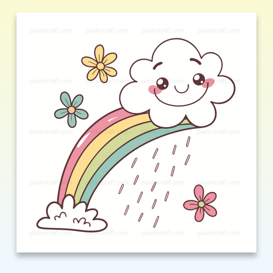 Illustration kawaii d'un nuage souriant avec arc-en-ciel, style vectoriel.
