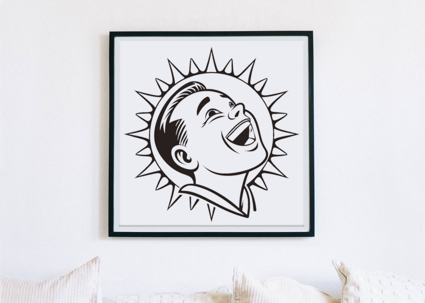 Cadre décoratif avec garçon riant sous un soleil radieux style joyeux et réaliste