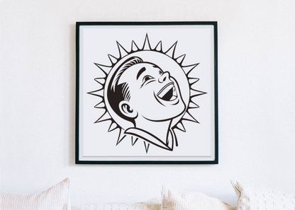 Cadre décoratif avec garçon riant sous un soleil radieux style joyeux et réaliste