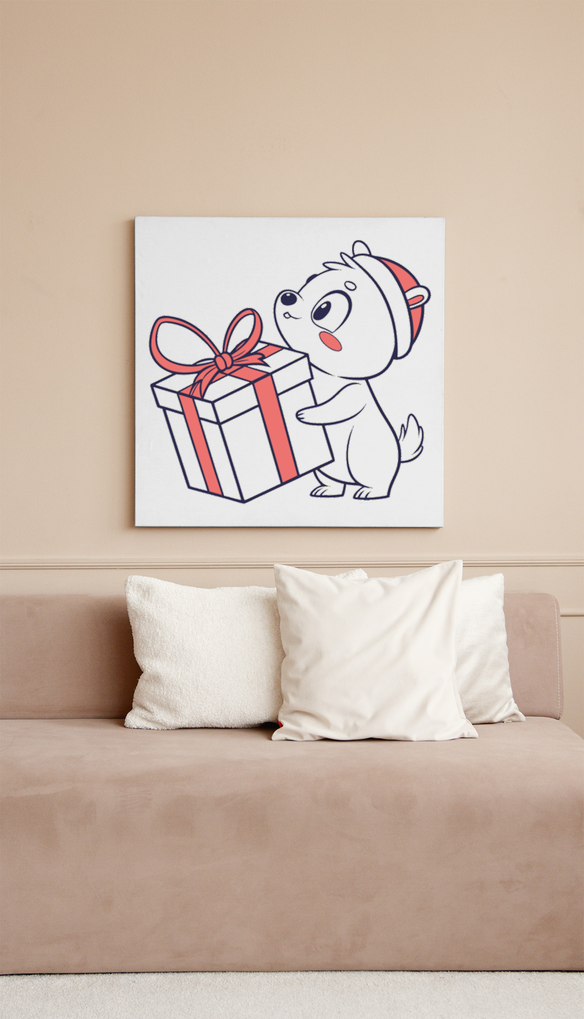 Cadre joyeux avec ourson tenant un cadeau coloré pour Noël