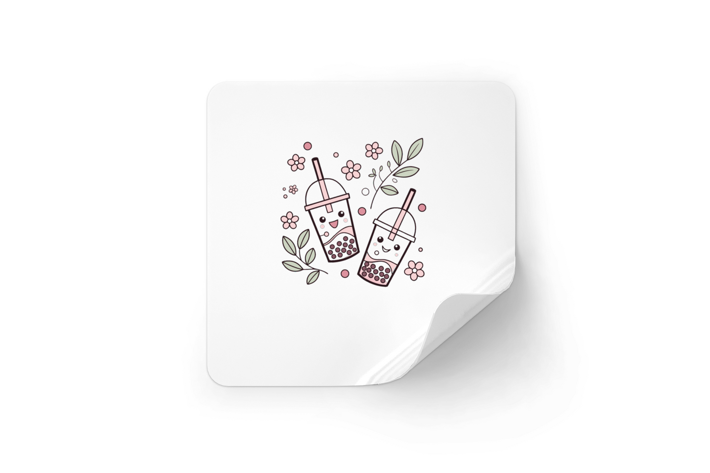 Sticker décoratif style pastel avec joyeux bubble tea et motif floral gourmand