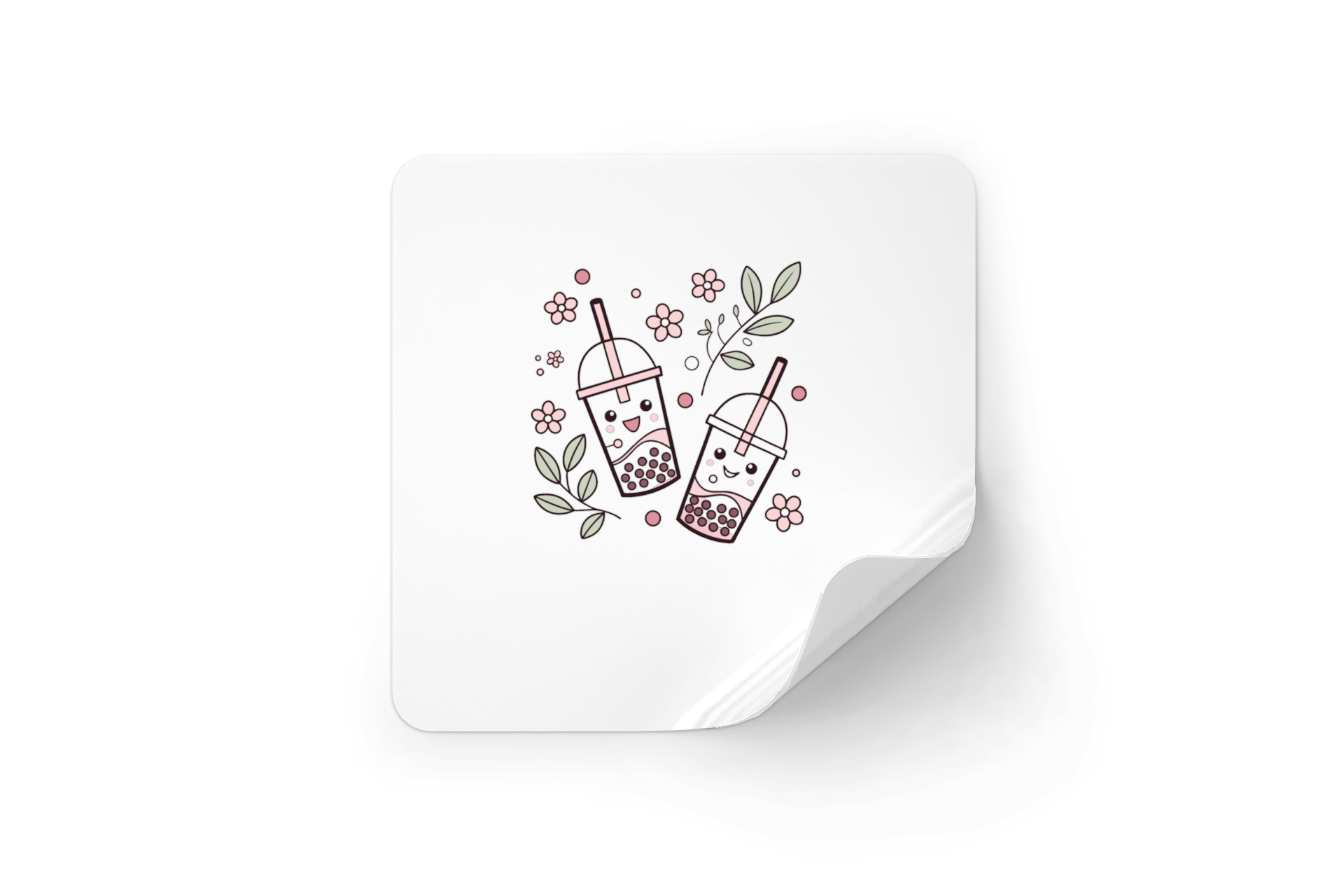 Sticker décoratif style pastel avec joyeux bubble tea et motif floral gourmand