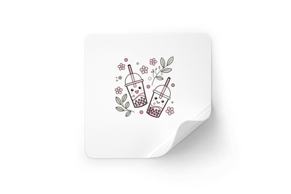 Sticker décoratif style pastel avec joyeux bubble tea et motif floral gourmand