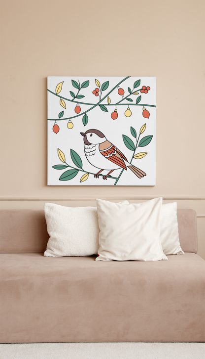 Cadre décoratif pastel mettant en scène un oiseau serein dans une nature charmante