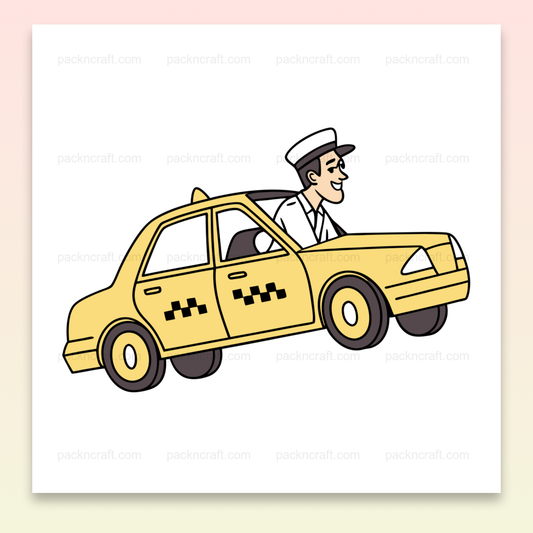 Illustration d'un chauffeur de taxi souriant pour stickers., Chauffeur de taxi en vintage pour papeterie urbaine., Design taxi rétro pour impressions sur mugs., Sticker de chauffeur de taxi souriant pour déco., Motif de taxi vintage pour t-shirts originaux.