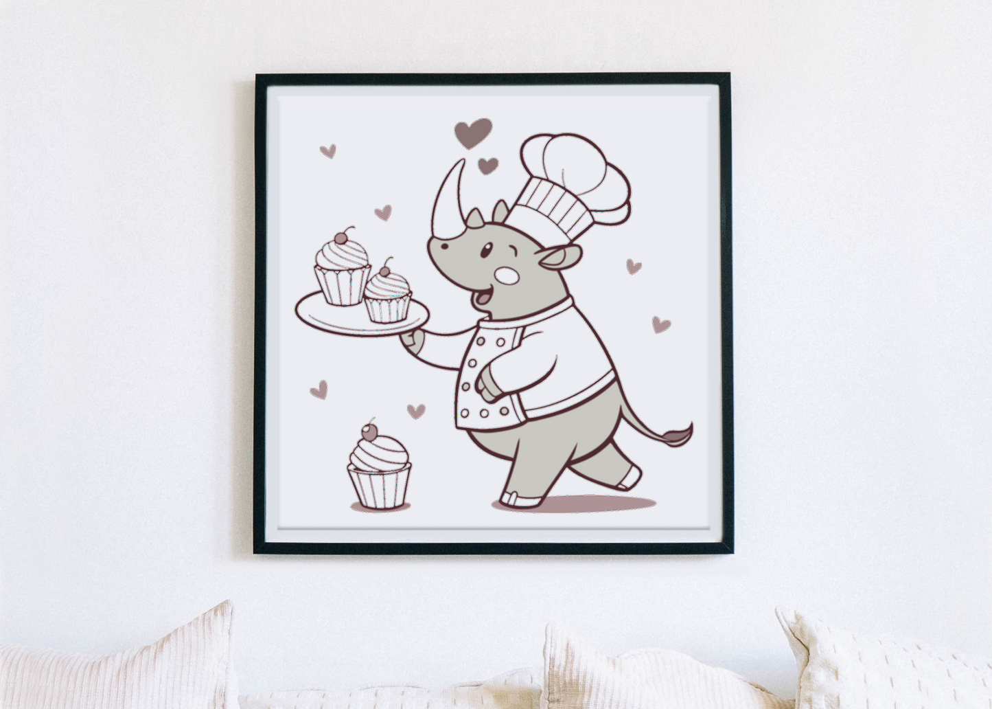 Cadre avec dessin de rhinocéros cuisinier en style cartoon pour fans de cuisine