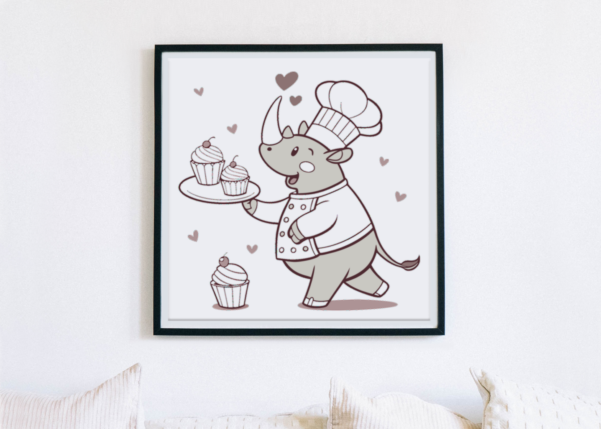 Cadre avec dessin de rhinocéros cuisinier en style cartoon pour fans de cuisine