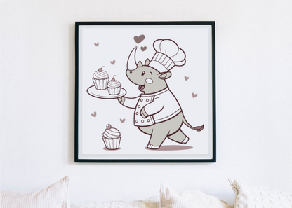 Cadre avec dessin de rhinocéros cuisinier en style cartoon pour fans de cuisine