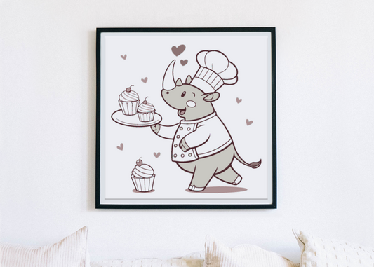 Cadre avec dessin de rhinocéros cuisinier en style cartoon pour fans de cuisine