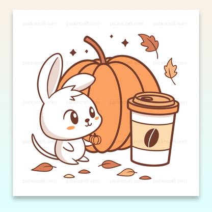 Lapin curieux et citrouille en style kawaii pour l'automne, parfait pour DIY et papeterie.