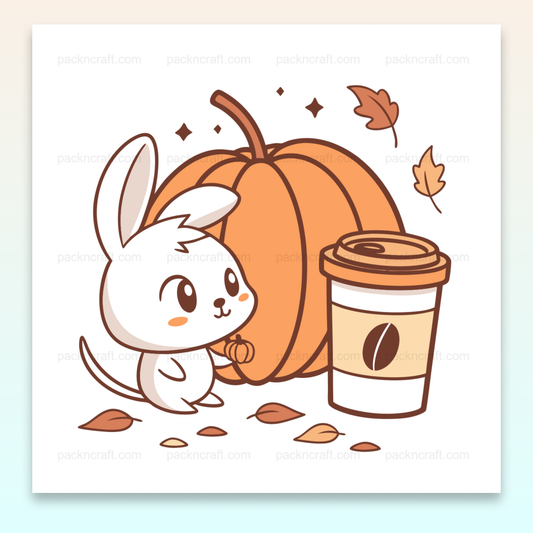 Lapin curieux et citrouille en style kawaii pour l'automne, parfait pour DIY et papeterie.