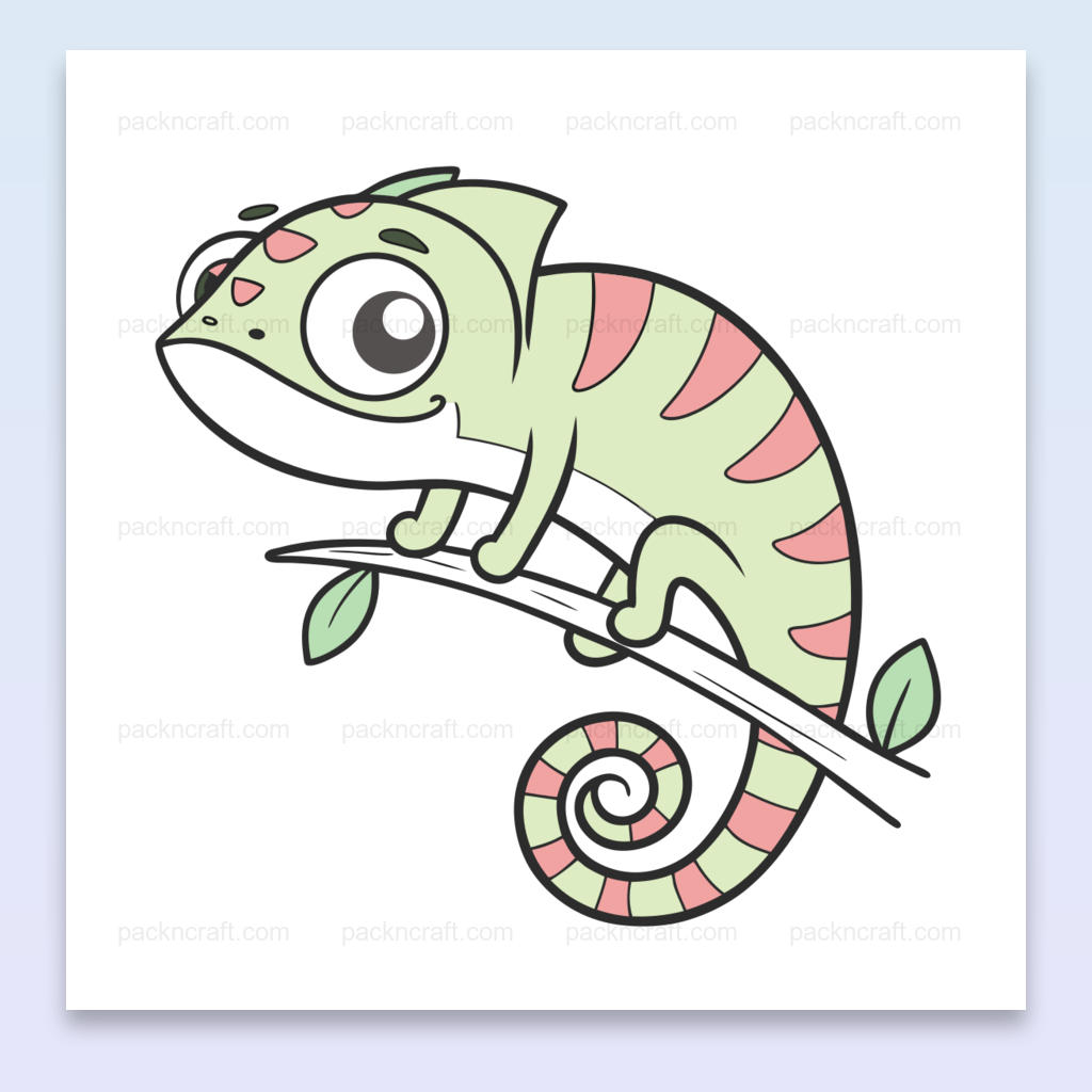 Caméléon curieux sur une branche, style doodle SVG pour projets créatifs et éducatifs.