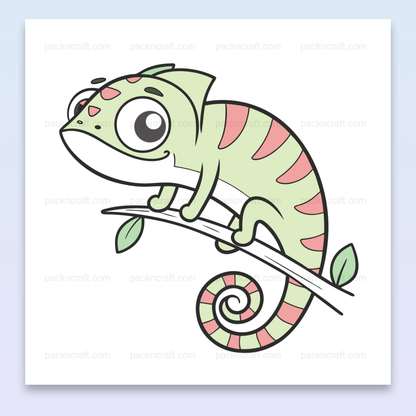 Caméléon curieux sur une branche, style doodle SVG pour projets créatifs et éducatifs.