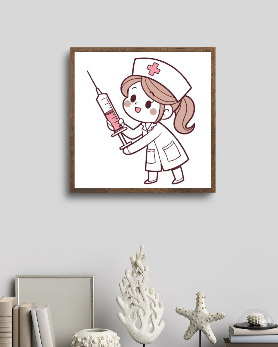 Cadre avec infirmière joyeuse style cartoon doux portant une seringue
