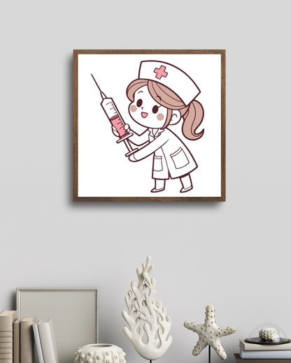 Cadre avec infirmière joyeuse style cartoon doux portant une seringue