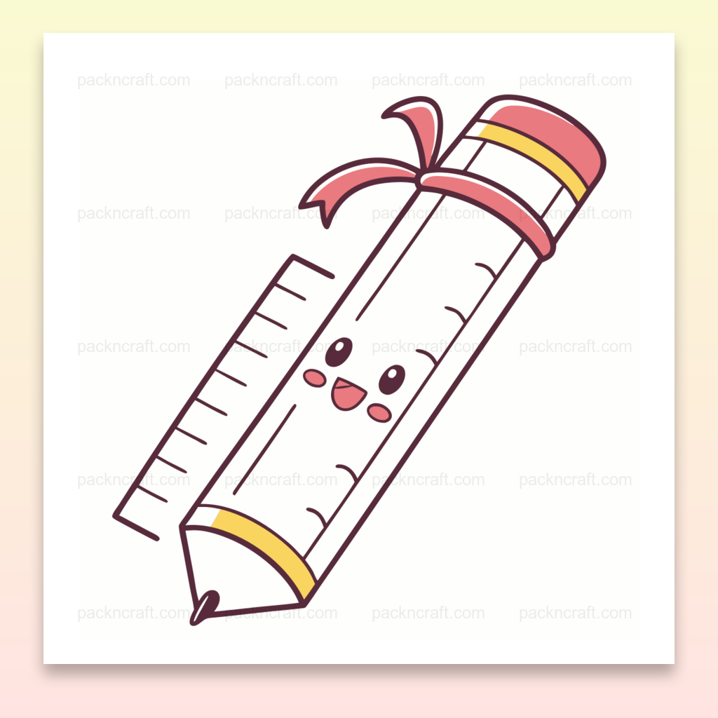 Illustration d'un crayon souriant avec règle, style doodle pour projets éducatifs.