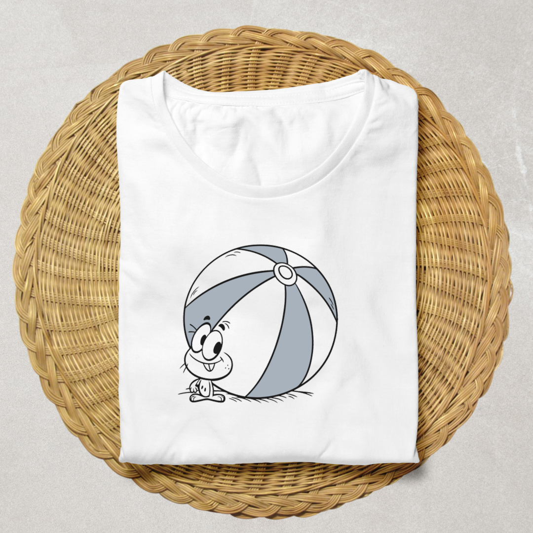 T-shirt avec personnage kawaii joyeux tenant un ballon sur fond enfantin