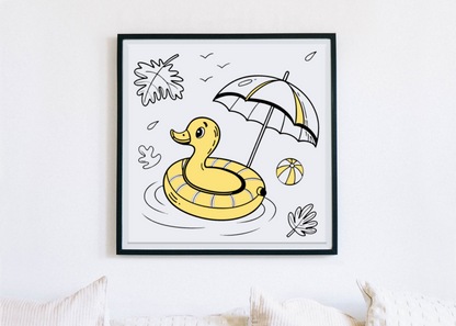 Cadre avec dessin numérique d'un canard amusant, ambiance estivale et cartoon