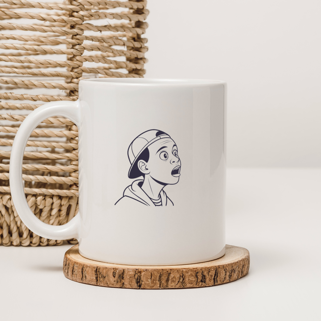 Mug avec dessin garçon surpris en lignes monochromes style art urbain