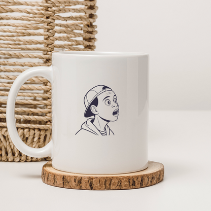 Mug avec dessin garçon surpris en lignes monochromes style art urbain
