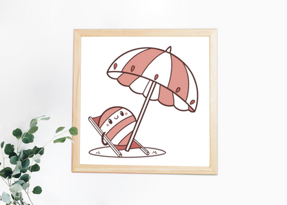 Cadre avec dessin kawaii d'un personnage sous un parasol parfait pour l'été