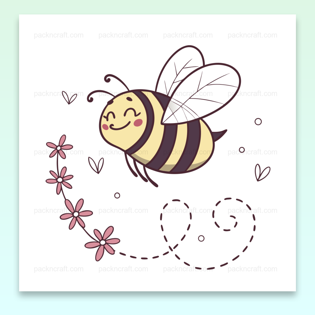 Illustration de l'abeille joyeuse en style doodle, idéale pour décorations printanières et projets éducatifs.