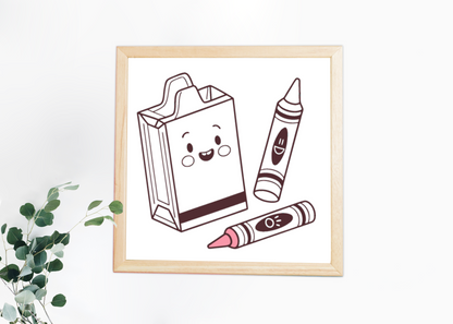 Cadre orné d'une boîte de crayons souriante, style scolaire amusant et coloré