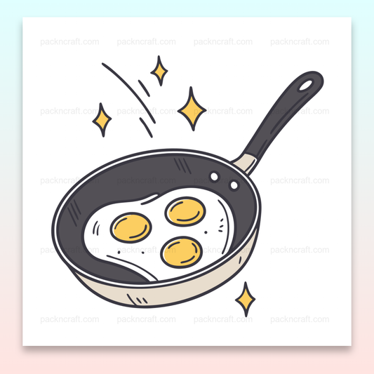 Illustration d'une omelette sautante dans une poêle, parfaite pour des projets cuisina animation