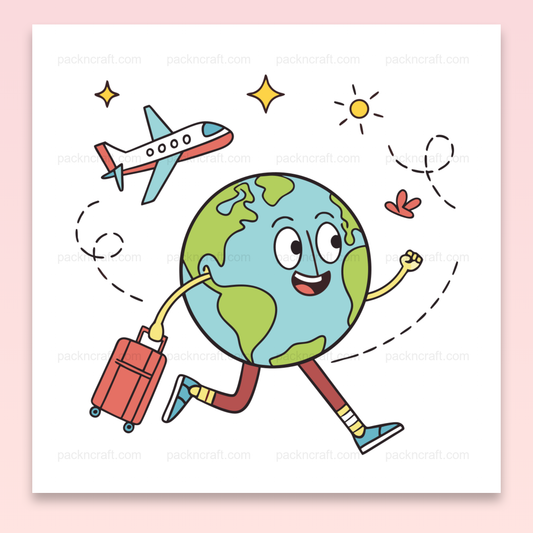 Illustration vectorielle d'un globe heureux en voyage, parfait pour la décoration ou projets éducatifs.
