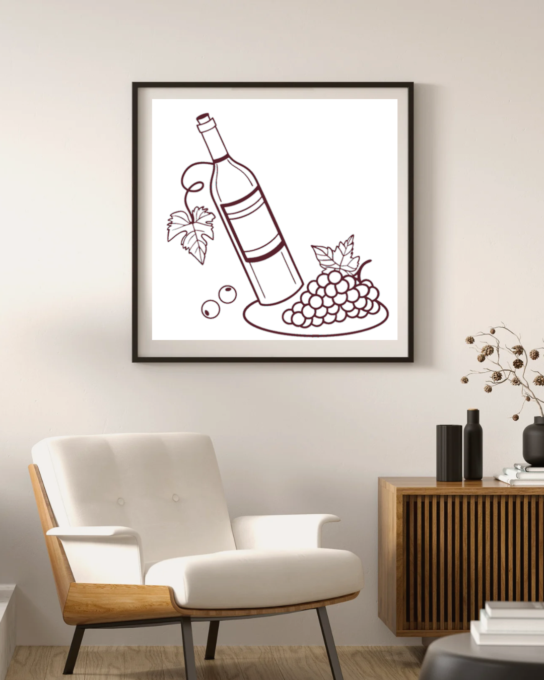 Cadre orné d'une bouteille de vin et de raisins en lignes élégantes, ambiance éducative