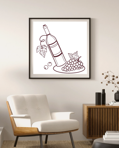 Cadre orné d'une bouteille de vin et de raisins en lignes élégantes, ambiance éducative