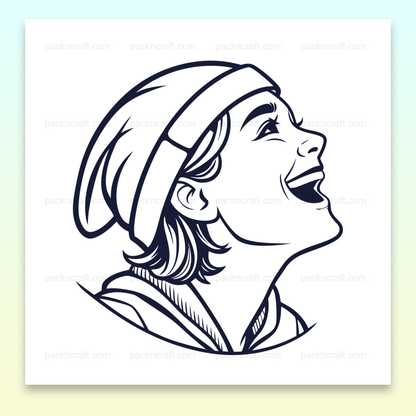 Illustration vectorielle d'un enfant rieur sous un bonnet, utilisable en papeterie ou décoration.