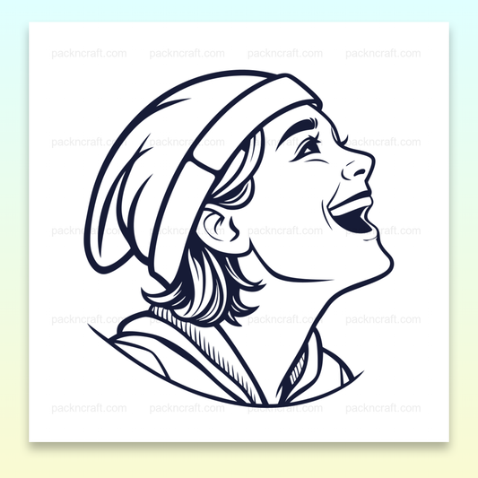 Illustration vectorielle d'un enfant rieur sous un bonnet, utilisable en papeterie ou décoration.