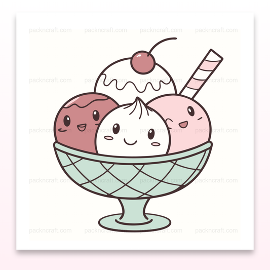 Illustration kawaii d'un sundae avec visages joyeux, parfait pour DIY.