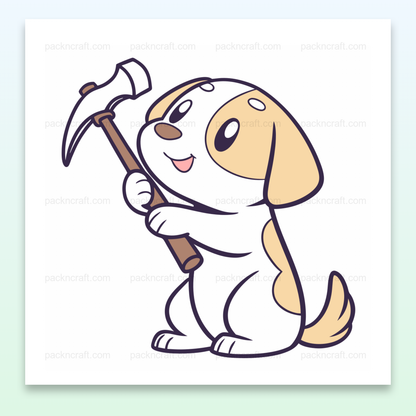 Illustration de chiot coquin avec pioche pour projets DIY et papeterie.