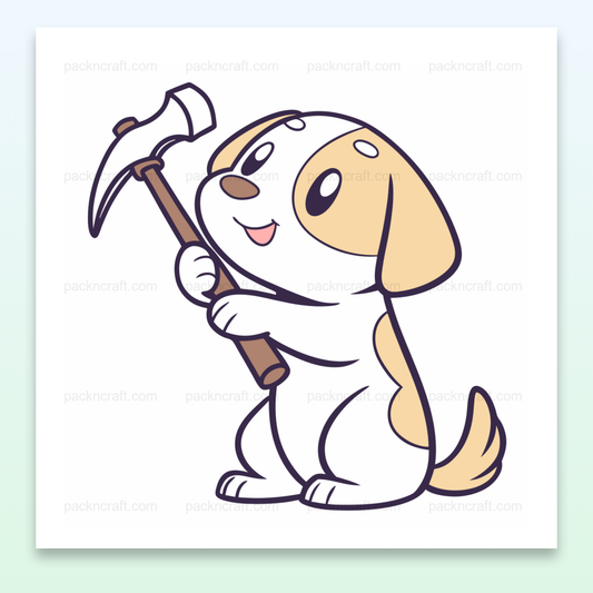 Illustration de chiot coquin avec pioche pour projets DIY et papeterie.