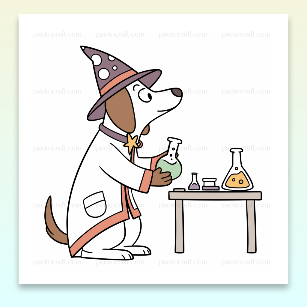 Illustration d'un chien sorcier en chimie, idéale pour papeterie et éducatif